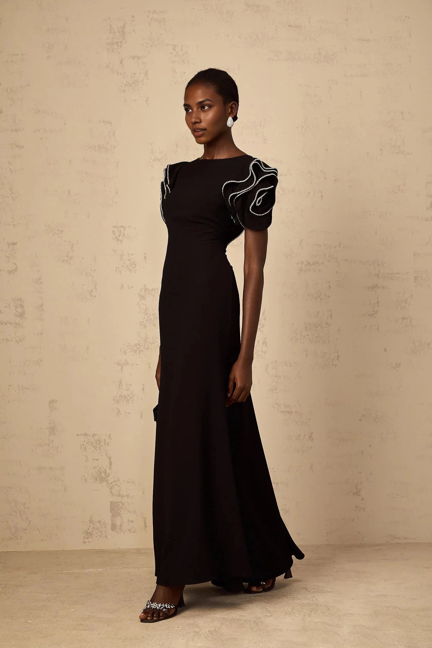 Black Embellished Puff Sleeve Open Back Maxi Dress Black Ruffled Embellished Maxi Dress Evening Dress by YiHuiw