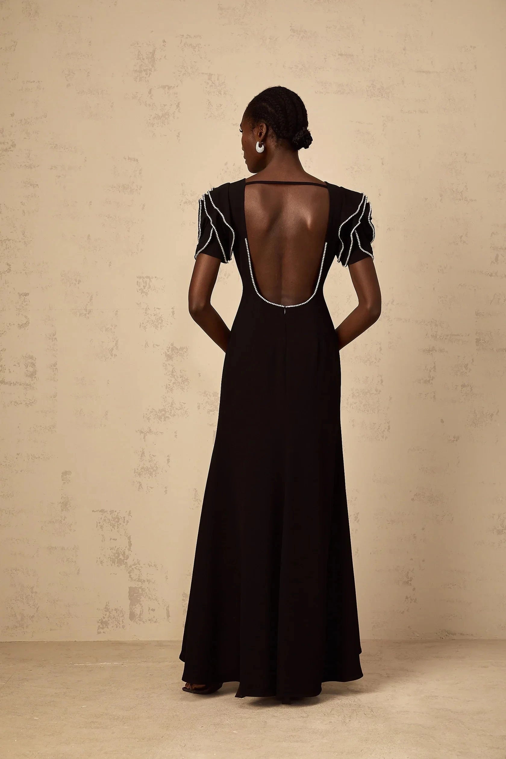 Black Embellished Puff Sleeve Open Back Maxi Dress Black Ruffled Embellished Maxi Dress Evening Dress by YiHuiw