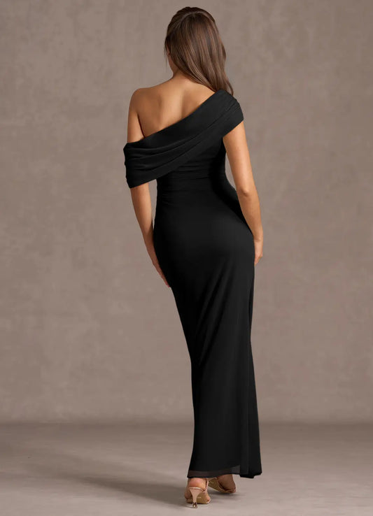 Black Mermaid One-Shoulder Lace-Up Back Draped Floor-Length Wedding Dress - Yihuiw by Yihuiw
