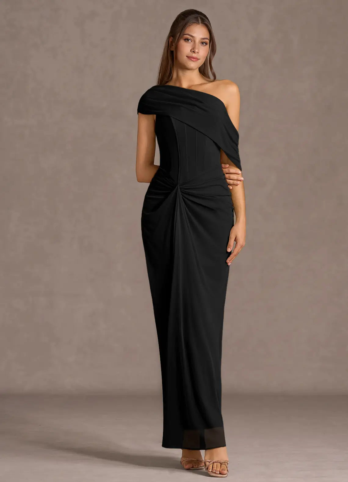 Black Mermaid One-Shoulder Lace-Up Back Draped Floor-Length Wedding Dress - Yihuiw by Yihuiw