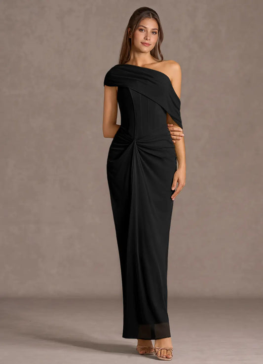 Black Mermaid One-Shoulder Lace-Up Back Draped Floor-Length Wedding Dress - Yihuiw by Yihuiw