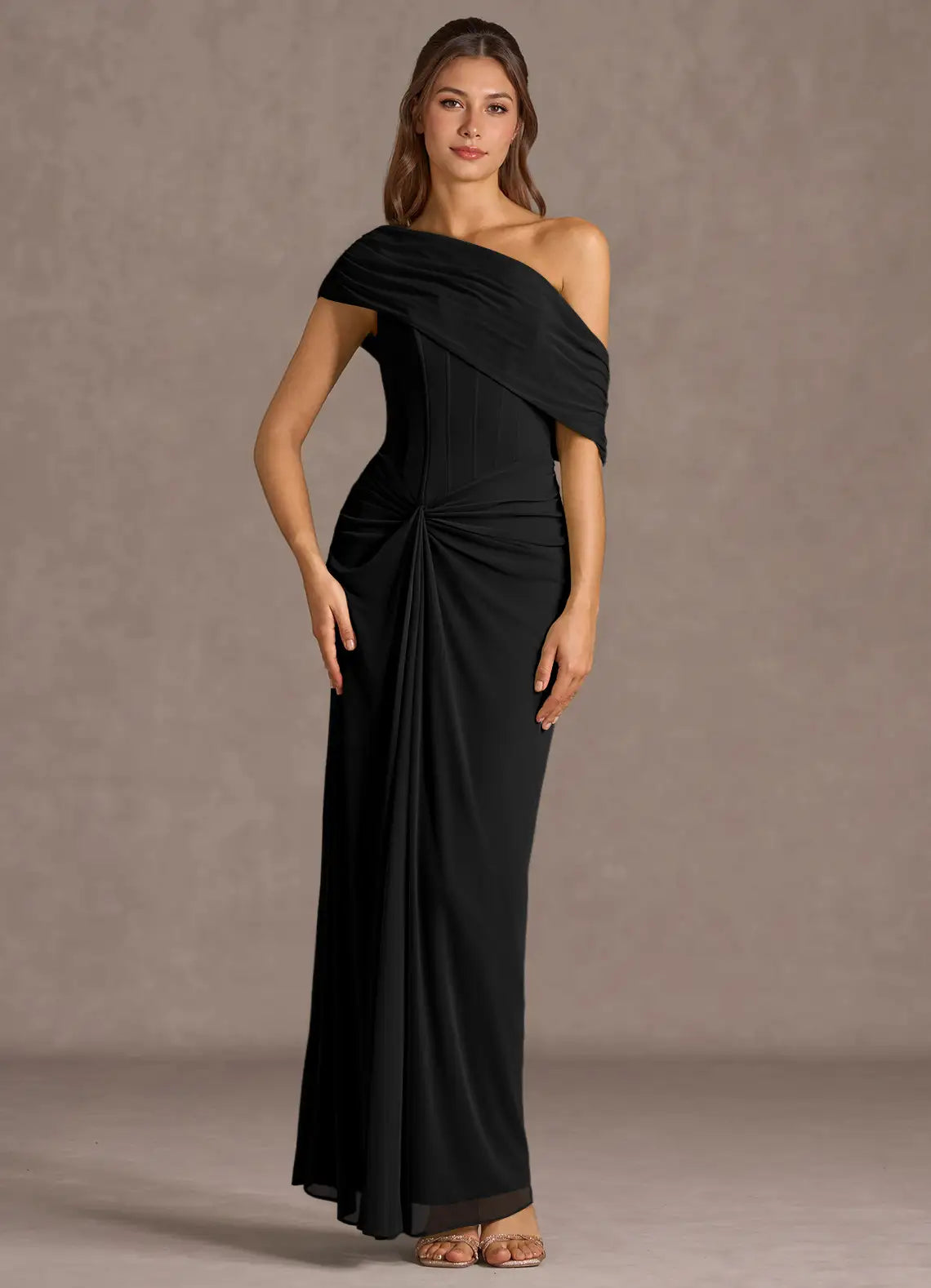 Black Mermaid One-Shoulder Lace-Up Back Draped Floor-Length Wedding Dress - Yihuiw by Yihuiw