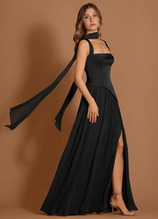 Black Square Neck Satin Lace-Up Back High Slit Floor-Length Wedding Dress - Yihuiw by Yihuiw