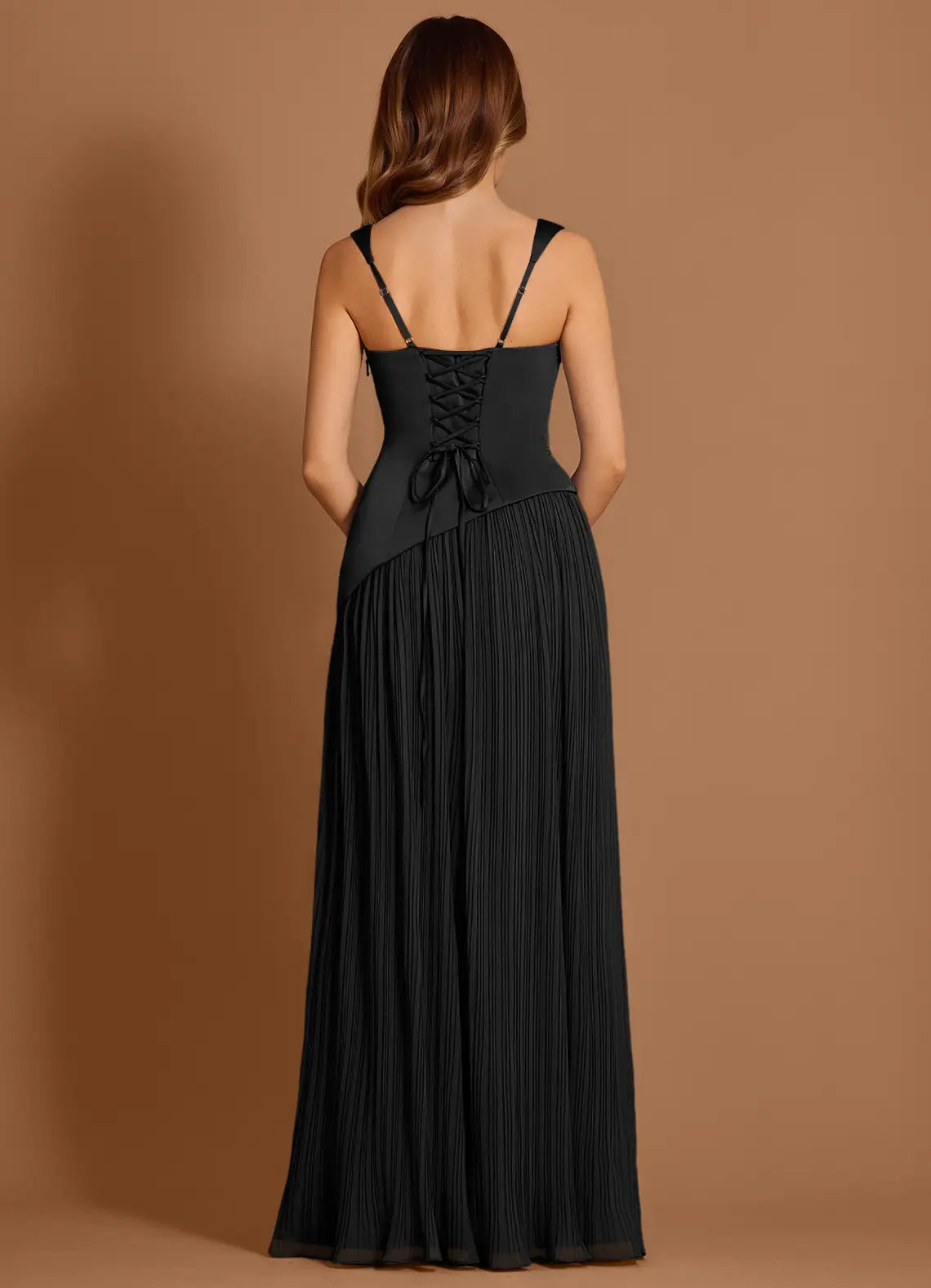 Black Square Neck Satin Lace-Up Back High Slit Floor-Length Wedding Dress - Yihuiw by Yihuiw