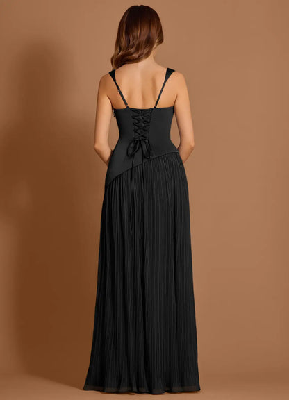 Black Square Neck Satin Lace-Up Back High Slit Floor-Length Wedding Dress - Yihuiw by Yihuiw