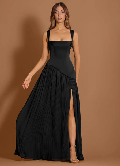 Black Square Neck Satin Lace-Up Back High Slit Floor-Length Wedding Dress - Yihuiw by Yihuiw