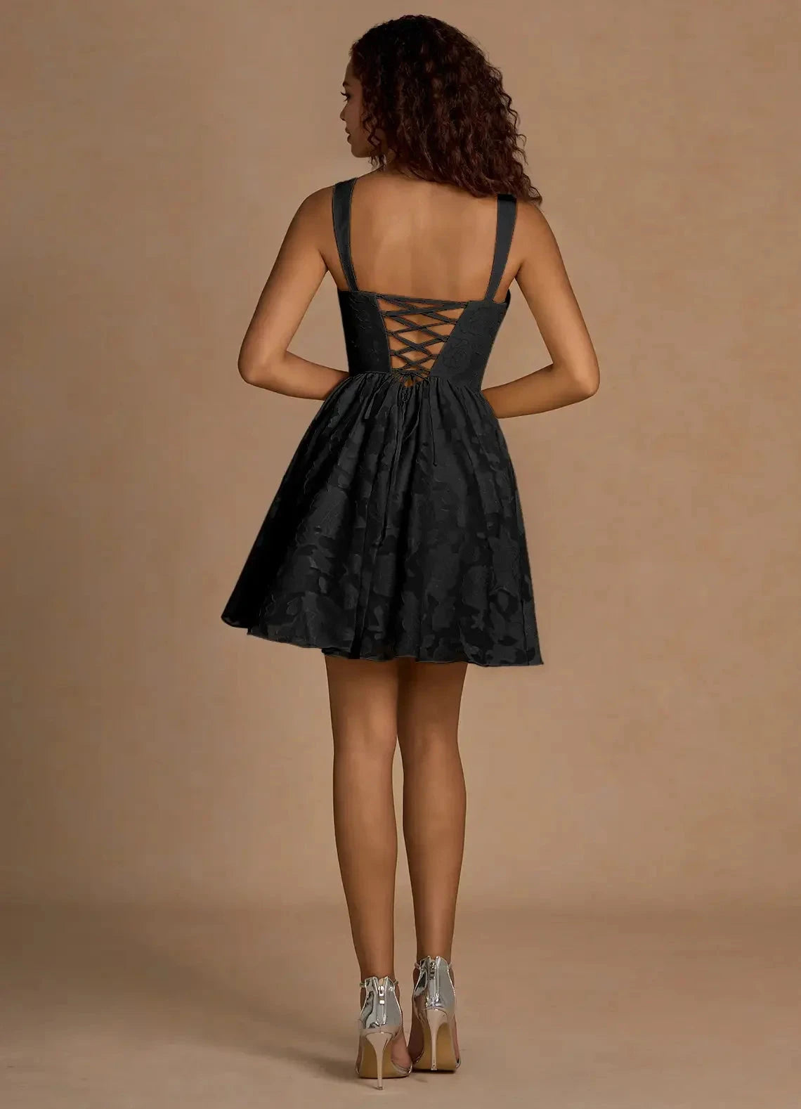 Black Floral Jacquard Mini Dress with Lace - Up Back and Cowl Neck Ivy Black Mini Dress Homecoming Dresses by YiHuiw