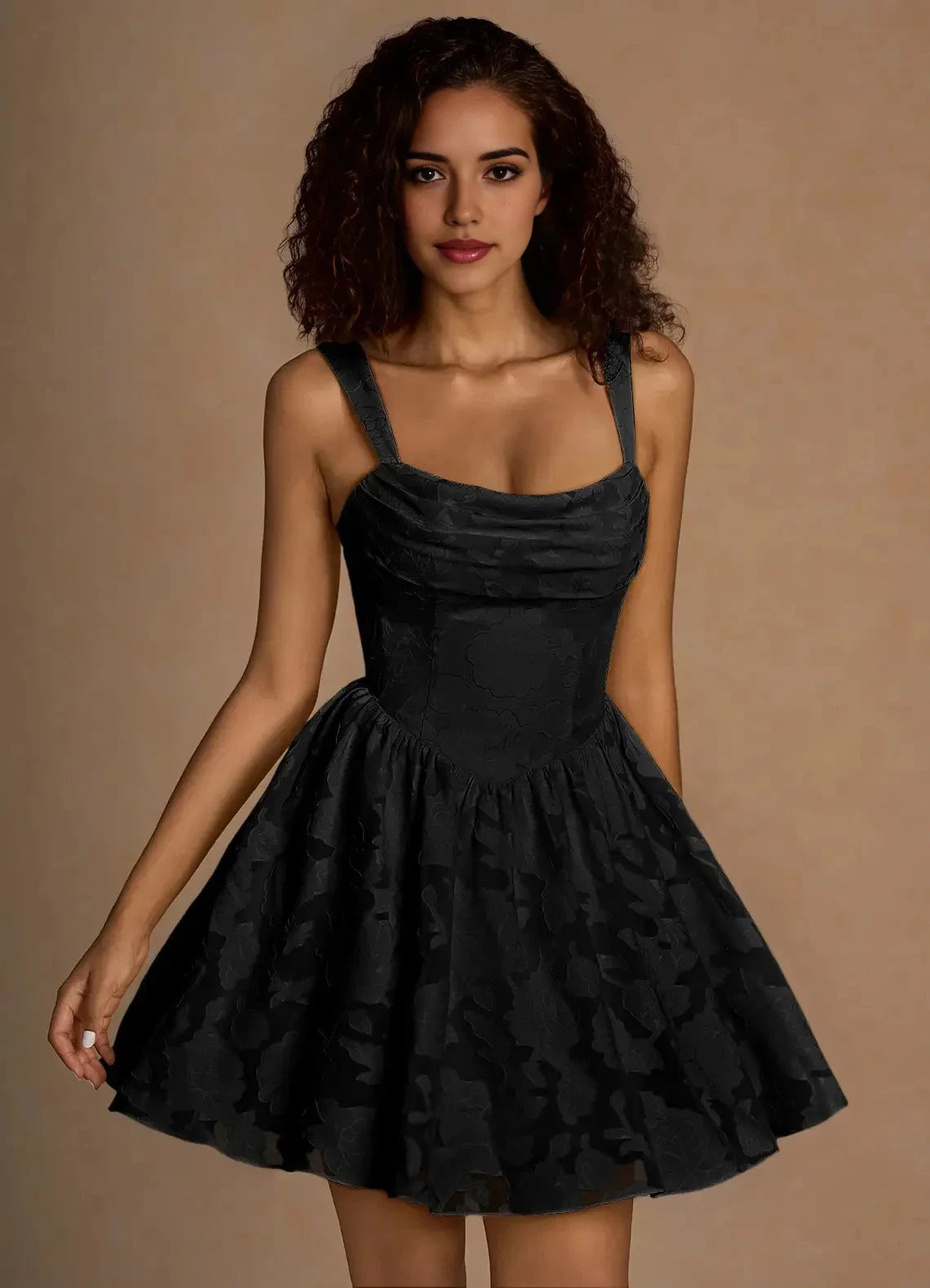 Black Floral Jacquard Mini Dress with Lace - Up Back and Cowl Neck Ivy Black Mini Dress Homecoming Dresses by YiHuiw