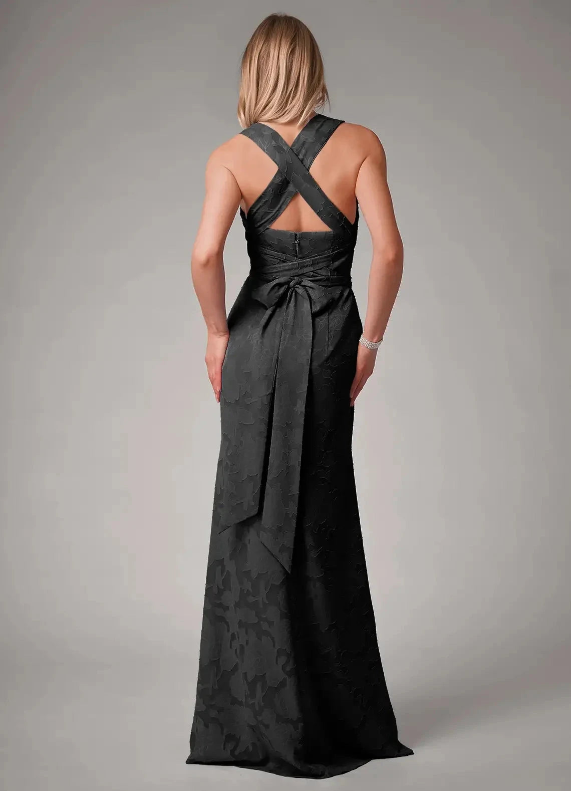 Black Floral Jacquard Square Neck Maxi Dress with Side Slit and Crisscross Mermaid Pleated Burnout Convertible Bridesmaid Dresses by YiHuiw