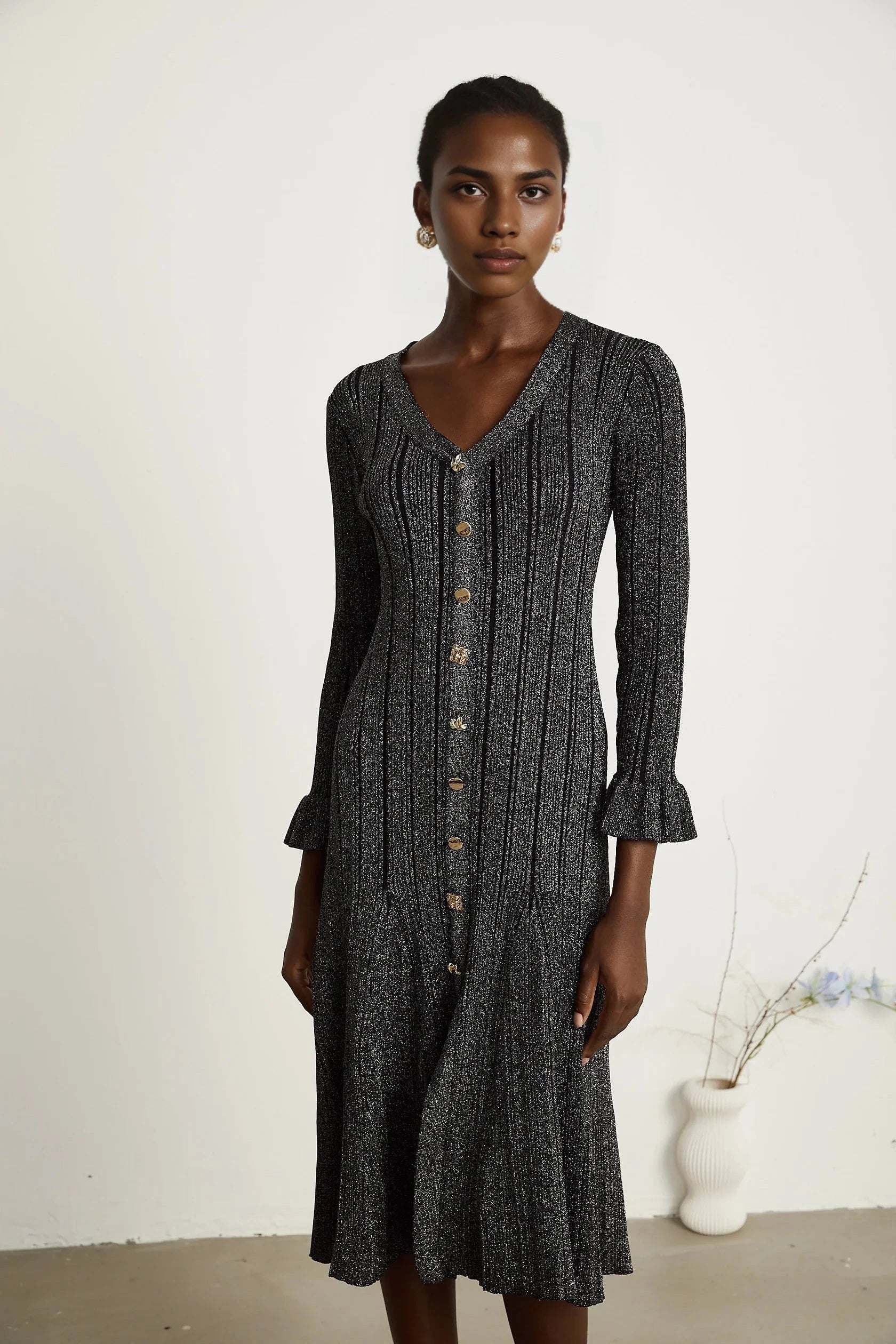 Black Glitter Knit Button - Front Midi Dress black flounced metallic midi dress Evening Dress by YiHuiw