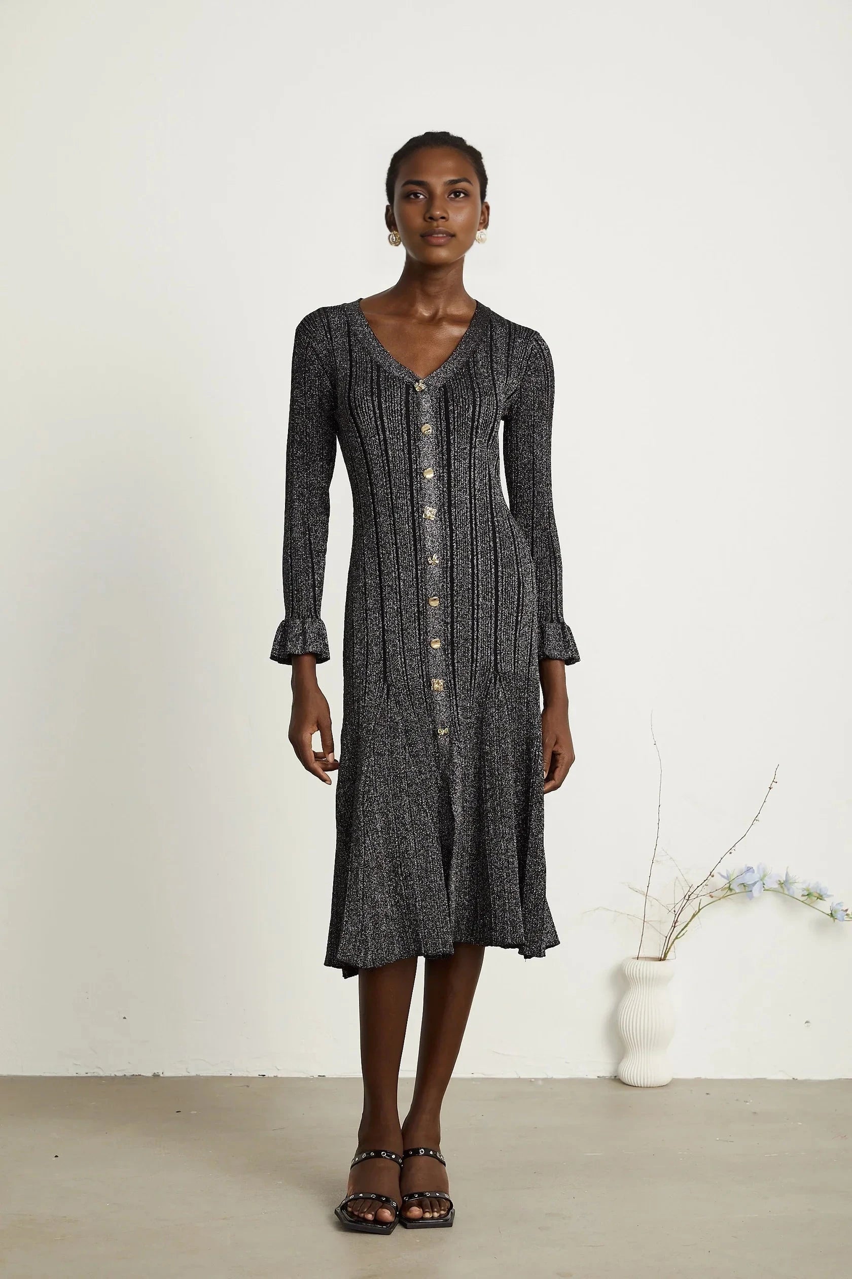 Black Glitter Knit Button - Front Midi Dress black flounced metallic midi dress Evening Dress by YiHuiw