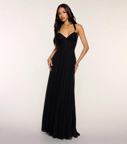 Black A-Line Halter Chiffon Lace-Up Back Floor-Length Wedding Dress - Yihuiw by Yihuiw