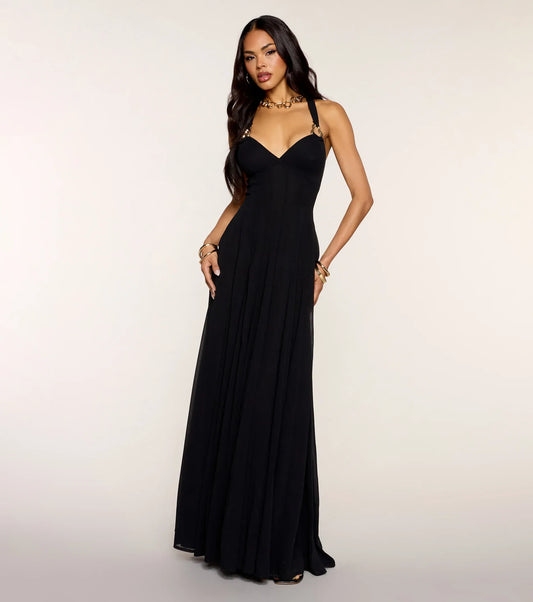 Black A-Line Halter Chiffon Lace-Up Back Floor-Length Wedding Dress - Yihuiw by Yihuiw