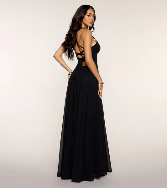 Black A-Line Halter Chiffon Lace-Up Back Floor-Length Wedding Dress - Yihuiw by Yihuiw