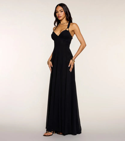 Black A-Line Halter Chiffon Lace-Up Back Floor-Length Wedding Dress - Yihuiw by Yihuiw