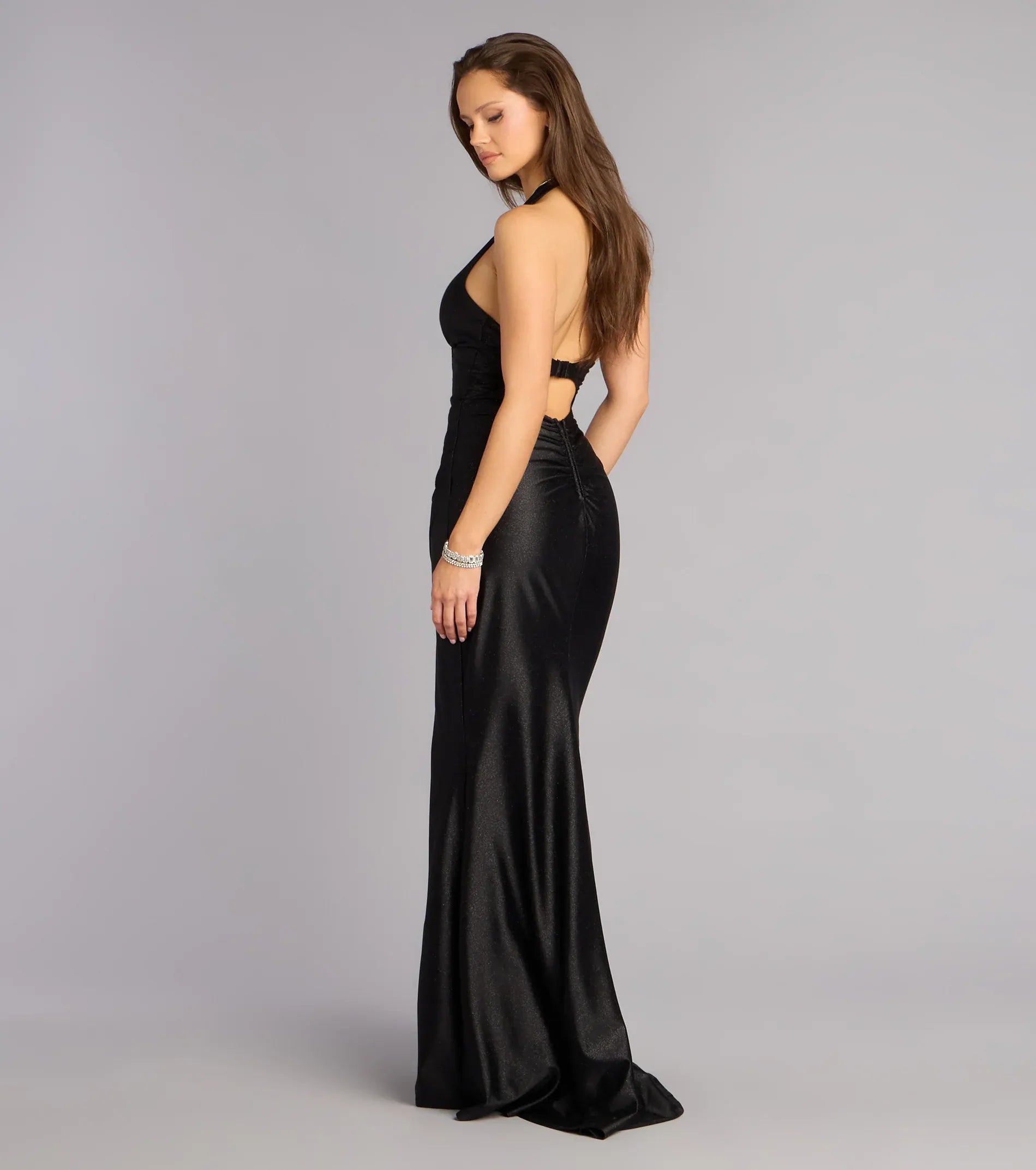 Black Mermaid Halter Satin Lace-Up Back High Slit Floor-Length Wedding Dress - Yihuiw by Yihuiw