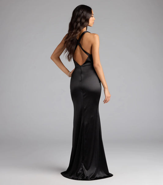 Black Mermaid Halter Satin High Slit Floor-Length Wedding Dress - Yihuiw by Yihuiw