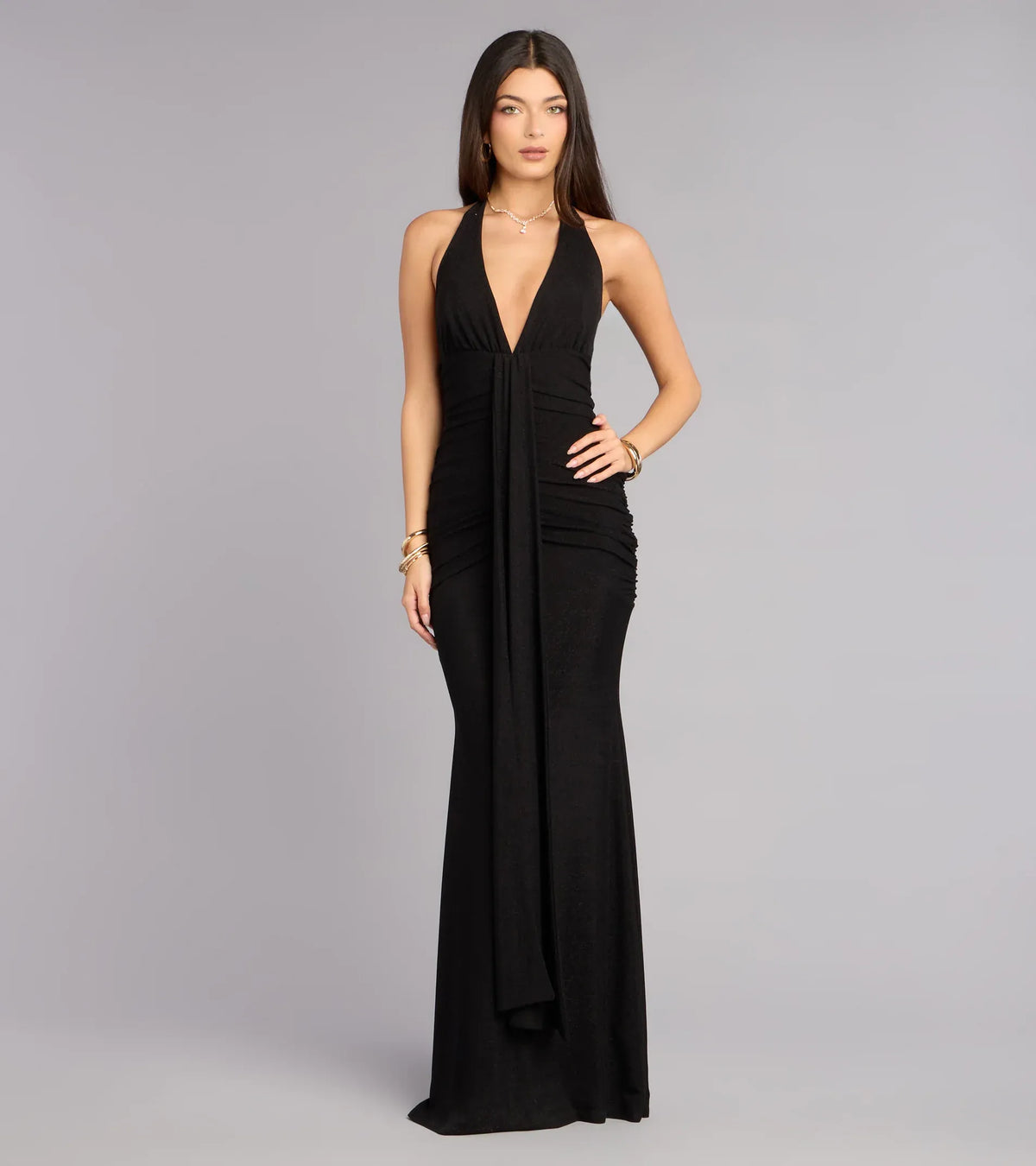 Black Mermaid Halter Ruched Floor-Length Wedding Dress - Yihuiw by Yihuiw