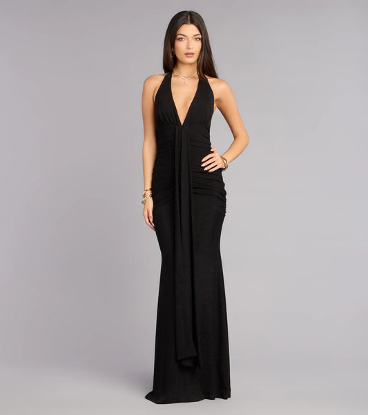 Black Mermaid Halter Ruched Floor-Length Wedding Dress - Yihuiw by Yihuiw