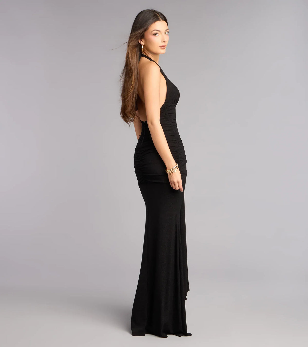 Black Mermaid Halter Ruched Floor-Length Wedding Dress - Yihuiw by Yihuiw