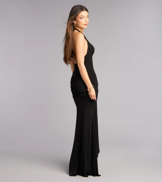 Black Mermaid Halter Ruched Floor-Length Wedding Dress - Yihuiw by Yihuiw