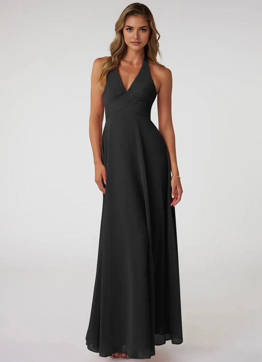 Black Halter Neck Chiffon Maxi Dress with Open Back Black A-Line V-Neck Pleated Chiffon Dress Bridesmaid Dresses by YiHuiw