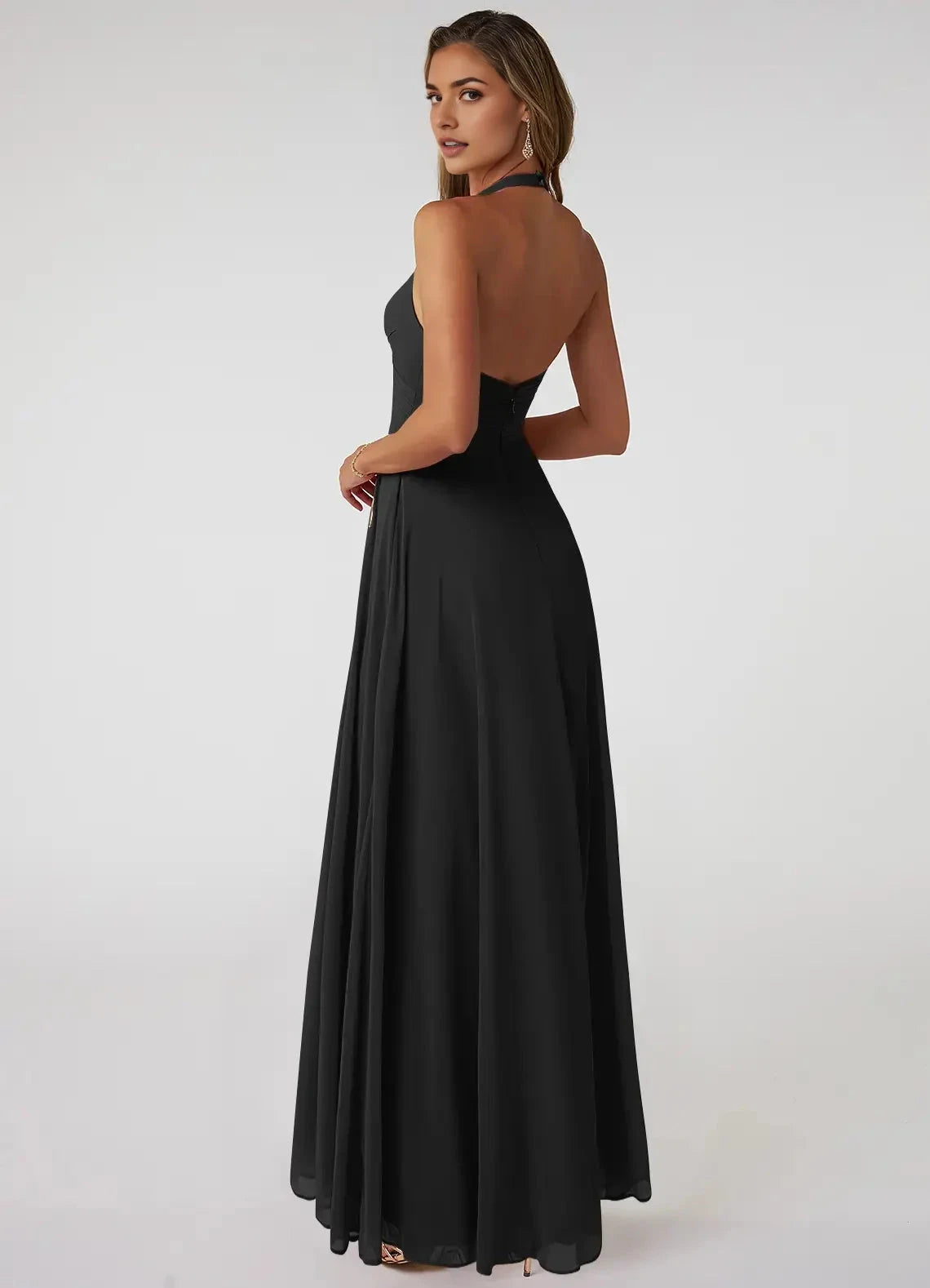 Black Halter Neck Chiffon Maxi Dress with Open Back Black A-Line V-Neck Pleated Chiffon Dress Bridesmaid Dresses by YiHuiw