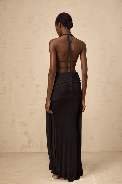 Black Halter Neck Cutout Maxi Dress with Draped Detail halterneck backless maxi dress in Black Evening Dress by YiHuiw
