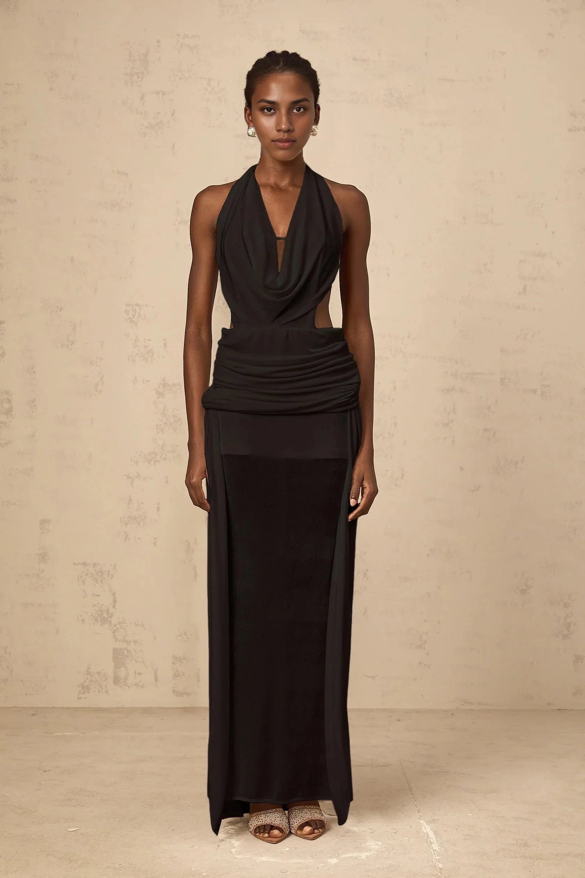 Black Halter Neck Cutout Maxi Dress with Draped Detail halterneck backless maxi dress in Black Evening Dress by YiHuiw