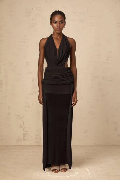 Black Halter Neck Cutout Maxi Dress with Draped Detail halterneck backless maxi dress in Black Evening Dress by YiHuiw