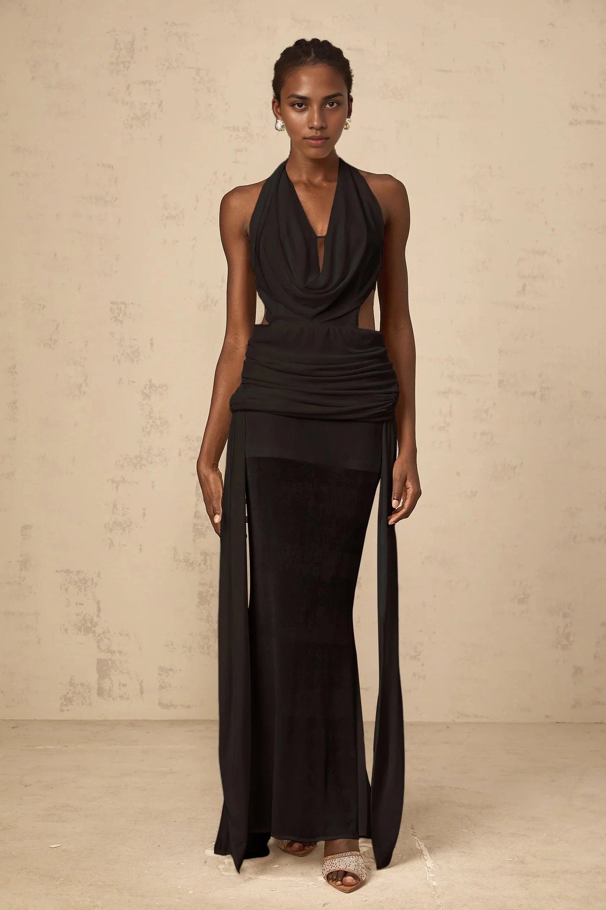 Black Halter Neck Cutout Maxi Dress with Draped Detail halterneck backless maxi dress in Black Evening Dress by YiHuiw