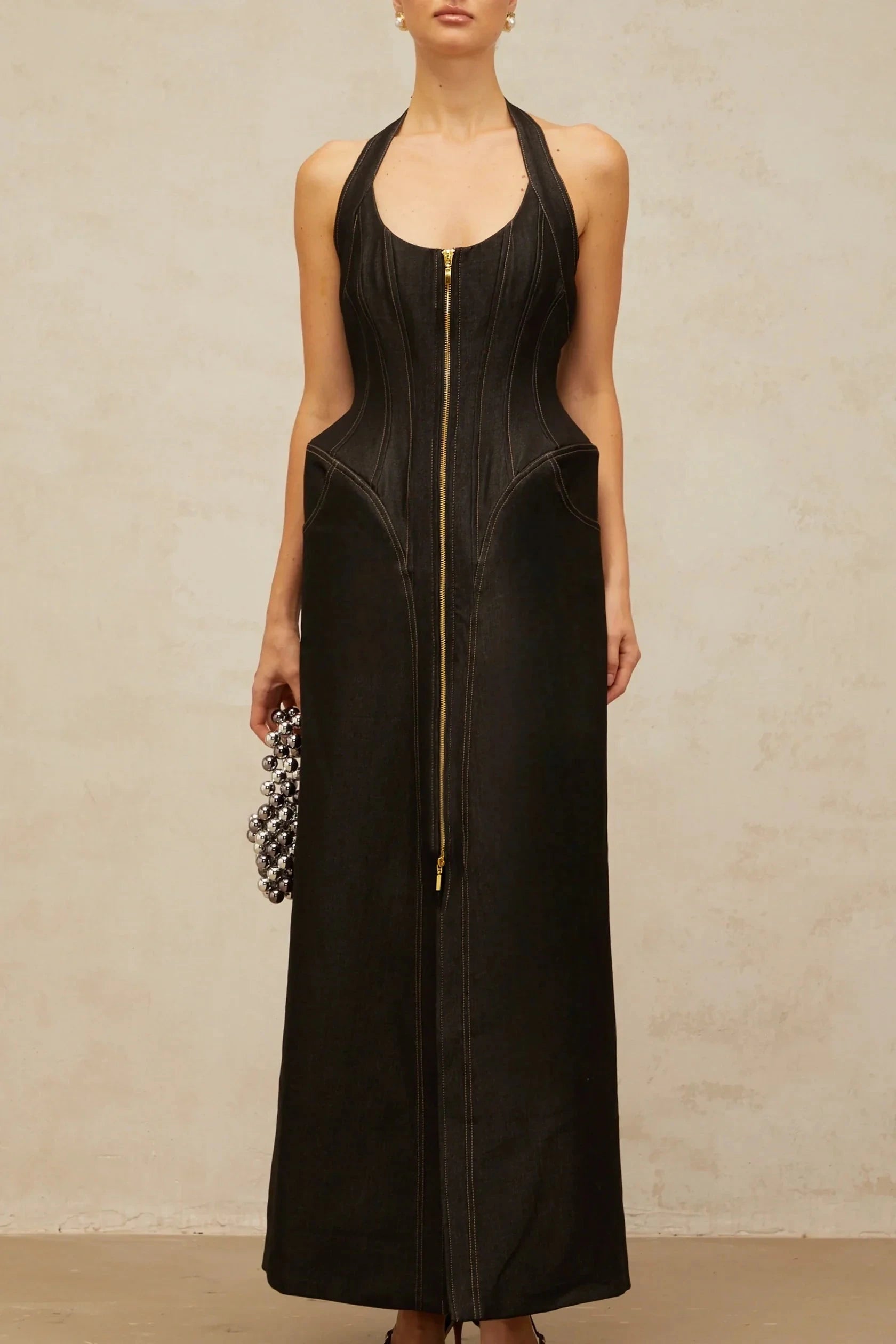 Black Neck Denim Maxi Dress with Front Zipper black denim front-slit contrast-stitching maxi dress Evening Dress by YiHuiw