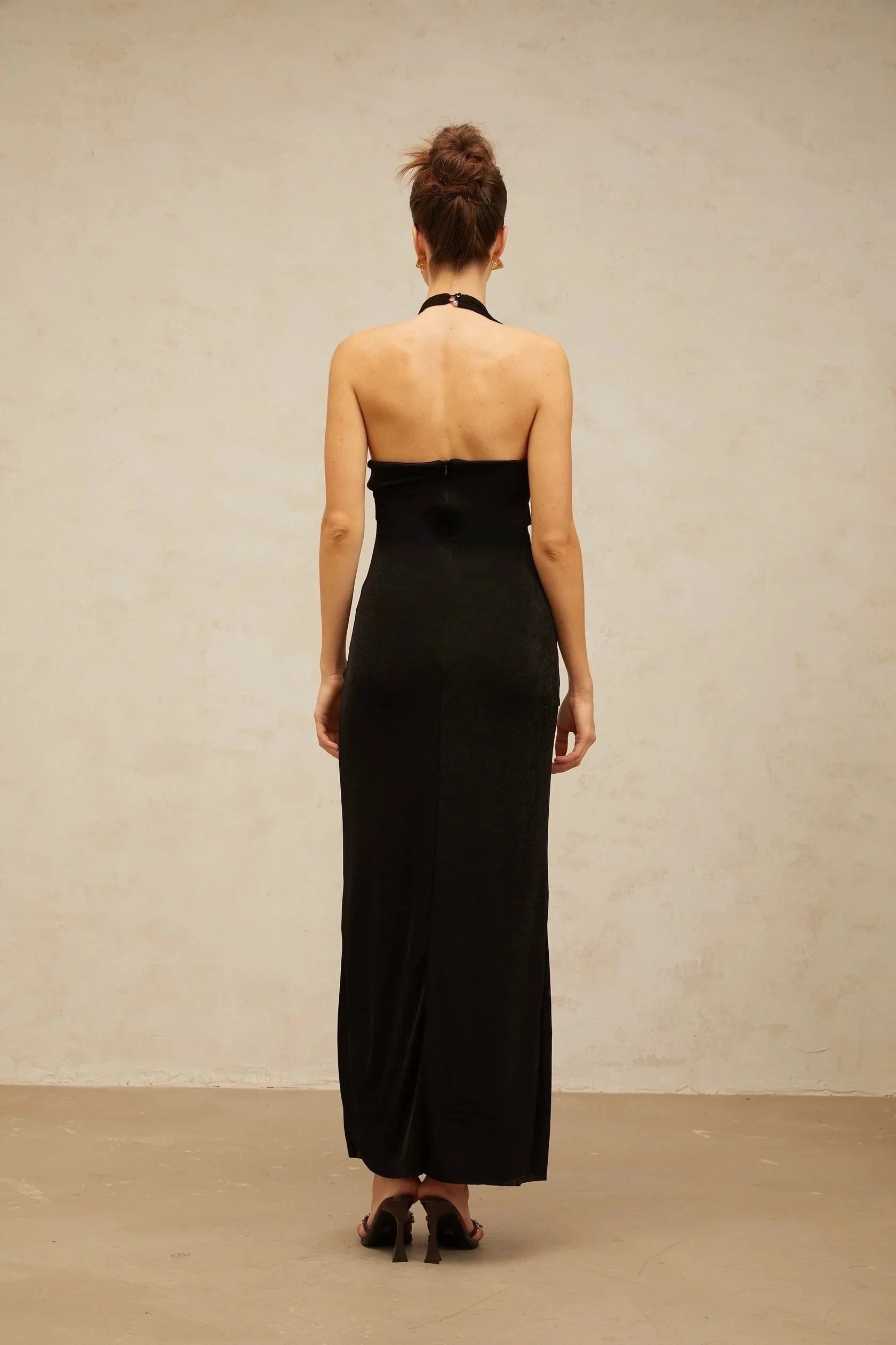 Black Neck Denim Maxi Dress with Front Zipper black denim front-slit contrast-stitching maxi dress Evening Dress by YiHuiw