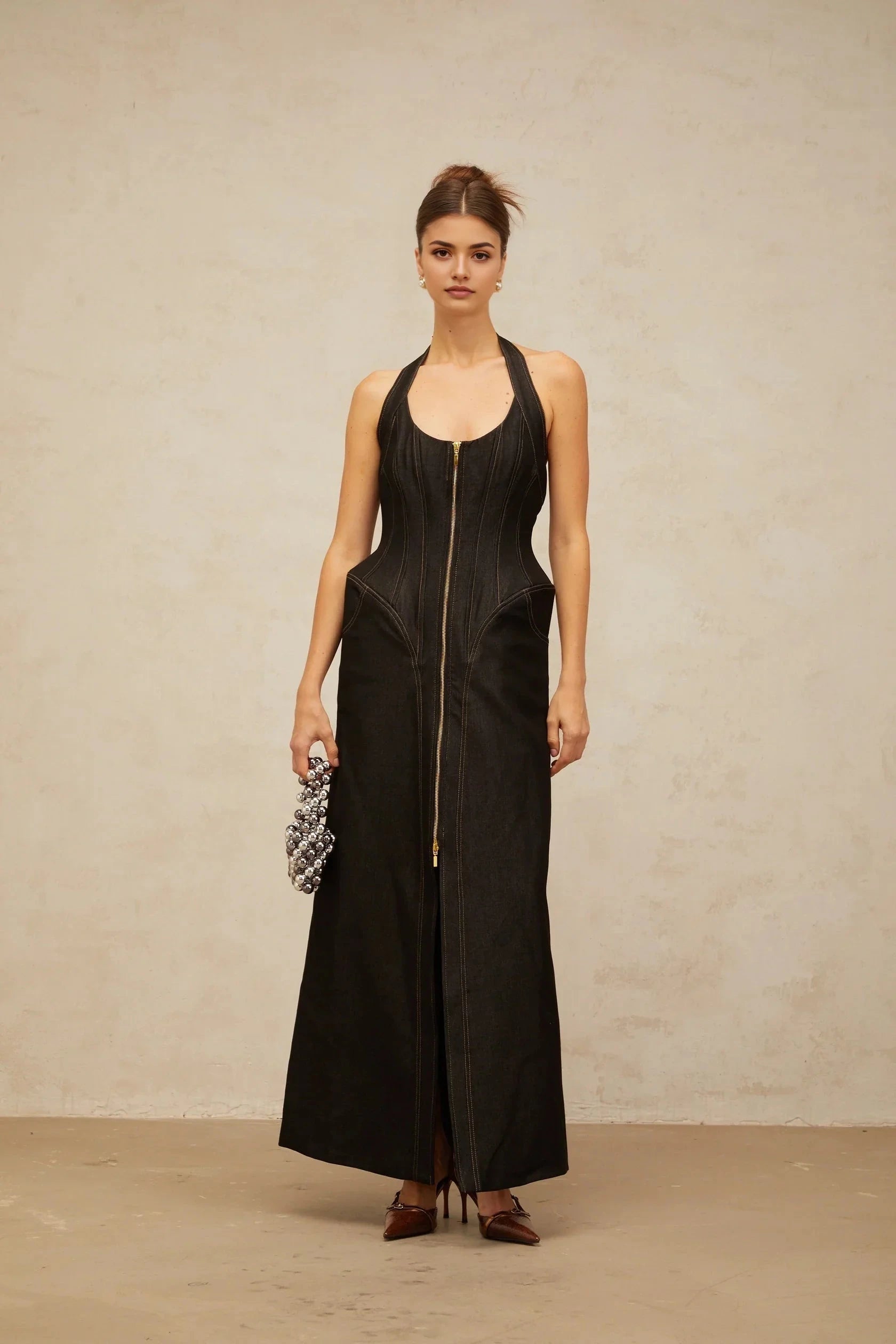 Black Neck Denim Maxi Dress with Front Zipper black denim front-slit contrast-stitching maxi dress Evening Dress by YiHuiw