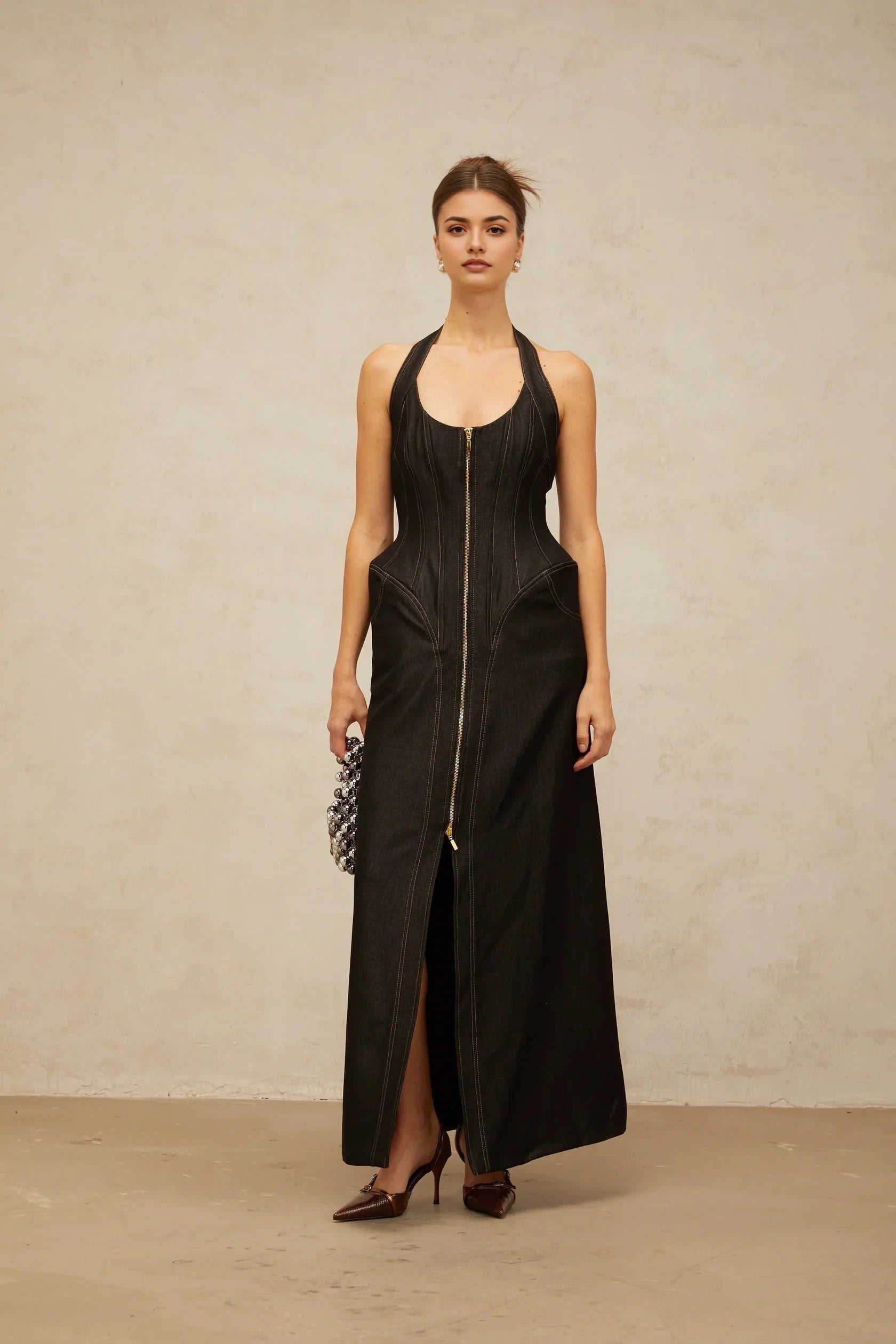 Black Neck Denim Maxi Dress with Front Zipper black denim front-slit contrast-stitching maxi dress Evening Dress by YiHuiw