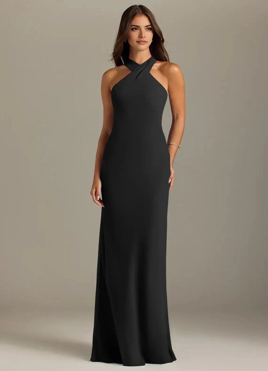 Black Halter Neck Maxi Dress with Back Bow Detail Black Mermaid Pleated Chiffon Dress Bridesmaid Dresses by YiHuiw