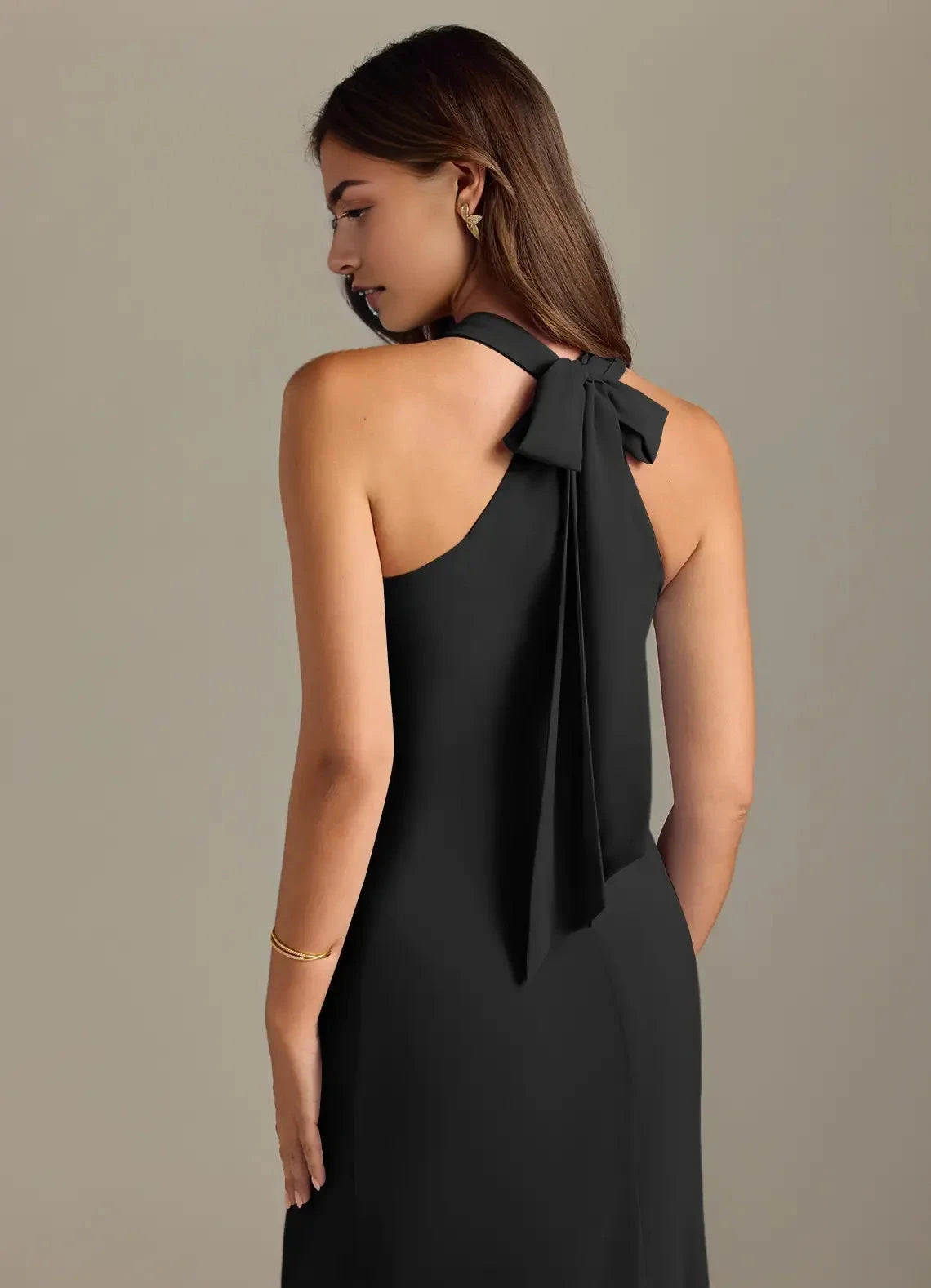Black Halter Neck Maxi Dress with Back Bow Detail Black Mermaid Pleated Chiffon Dress Bridesmaid Dresses by YiHuiw