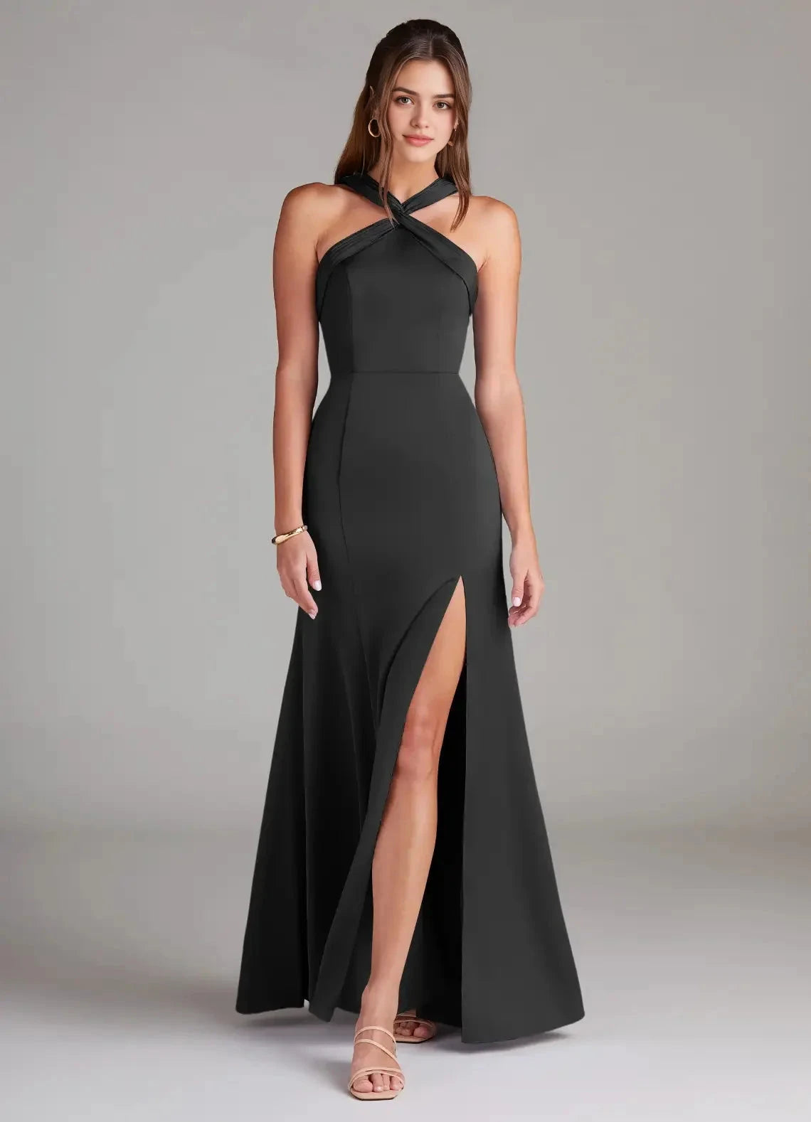 Black Halter Neck Maxi Dress with Back Cutout and Side Slit Black A-Line Pleated Stretch Satin Dress Bridesmaid Dresses by YiHuiw