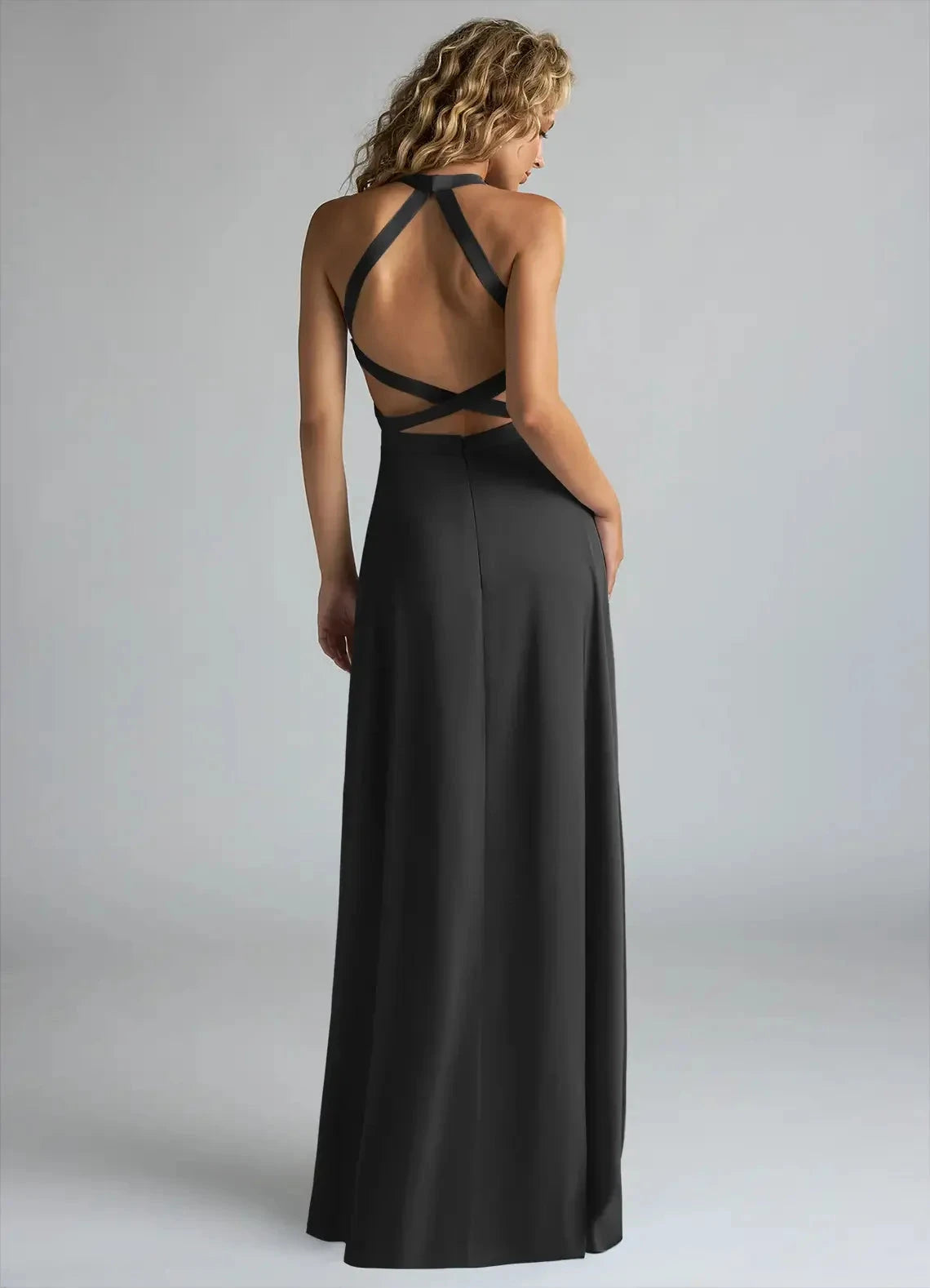 Black Halter Neck Maxi Dress with Crisscross Back and Side Slit A-Line High Stretch Satin Dress Bridesmaid Dresses by YiHuiw