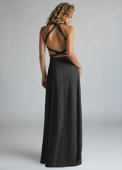 Black Halter Neck Maxi Dress with Crisscross Back and Side Slit A-Line High Stretch Satin Dress Bridesmaid Dresses by YiHuiw