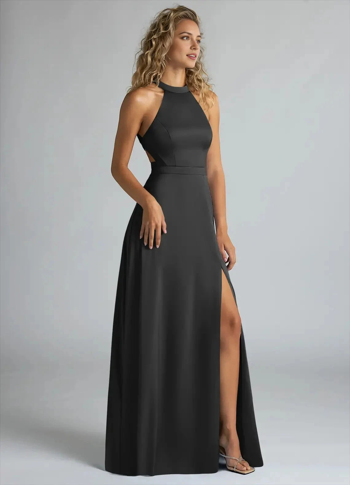 Black Halter Neck Maxi Dress with Crisscross Back and Side Slit A-Line High Stretch Satin Dress Bridesmaid Dresses by YiHuiw