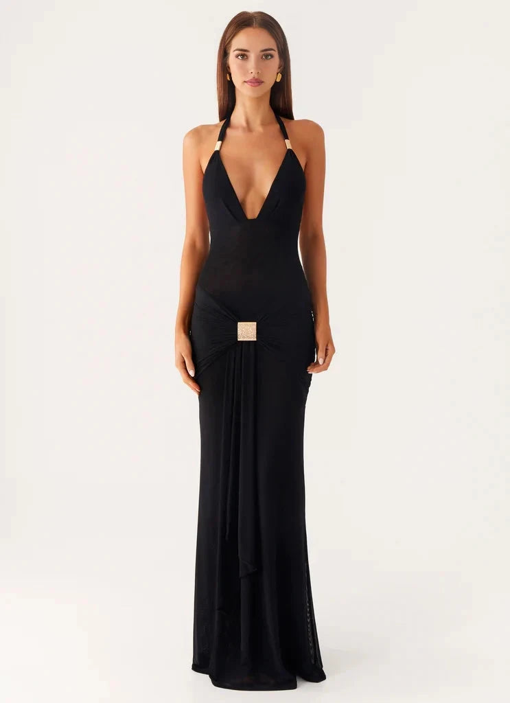 Black Halter Neck Maxi Dress with Gold Accent and Open Back Halter V-neckline Side ruching Bridesmaid Dresses by YiHuiw