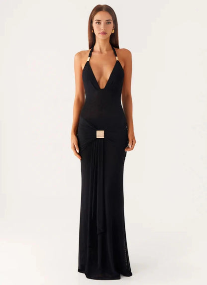 Black Halter Neck Maxi Dress with Gold Accent and Open Back Halter V-neckline Side ruching Bridesmaid Dresses by YiHuiw