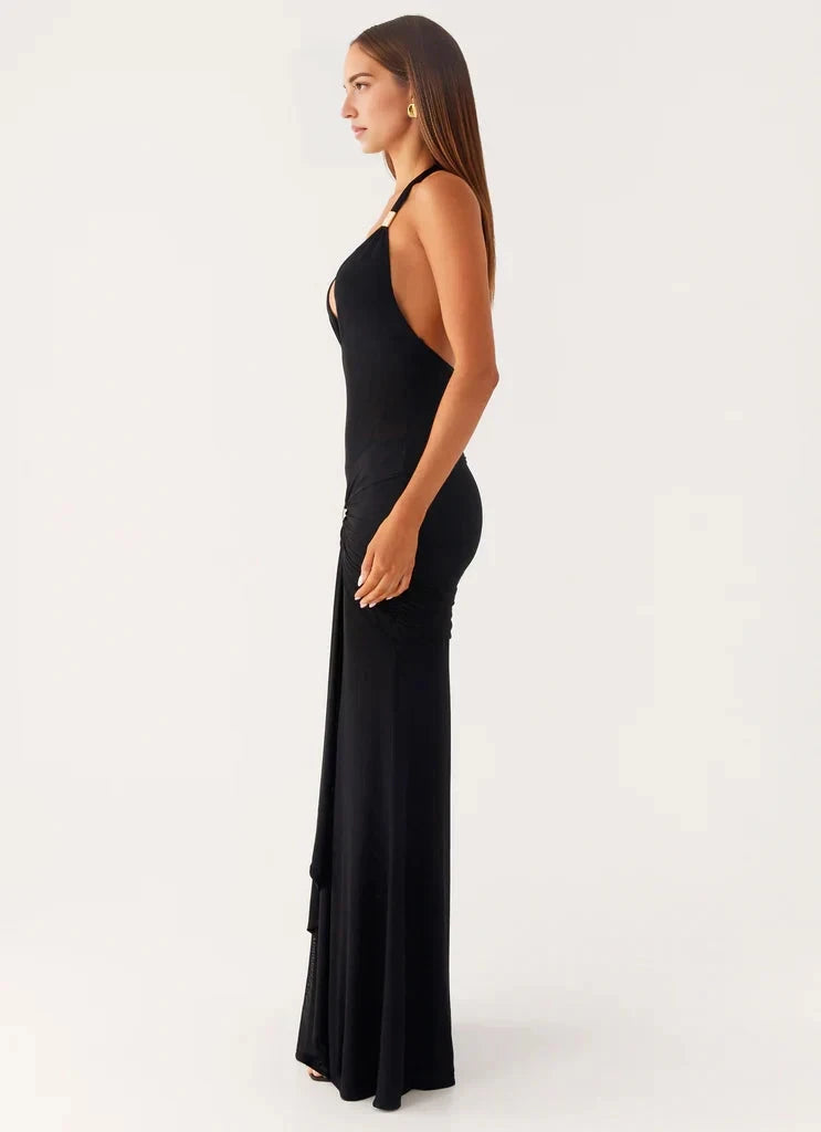 Black Halter Neck Maxi Dress with Gold Accent and Open Back Halter V-neckline Side ruching Bridesmaid Dresses by YiHuiw