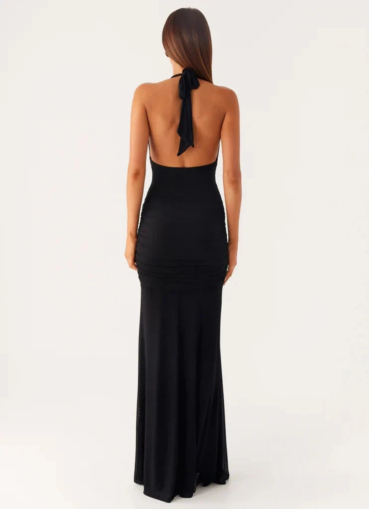 Black Halter Neck Maxi Dress with Gold Accent and Open Back Halter V-neckline Side ruching Bridesmaid Dresses by YiHuiw