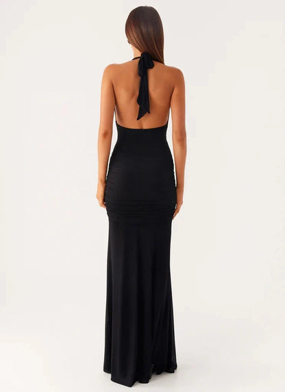 Black Halter Neck Maxi Dress with Gold Accent and Open Back Halter V-neckline Side ruching Bridesmaid Dresses by YiHuiw