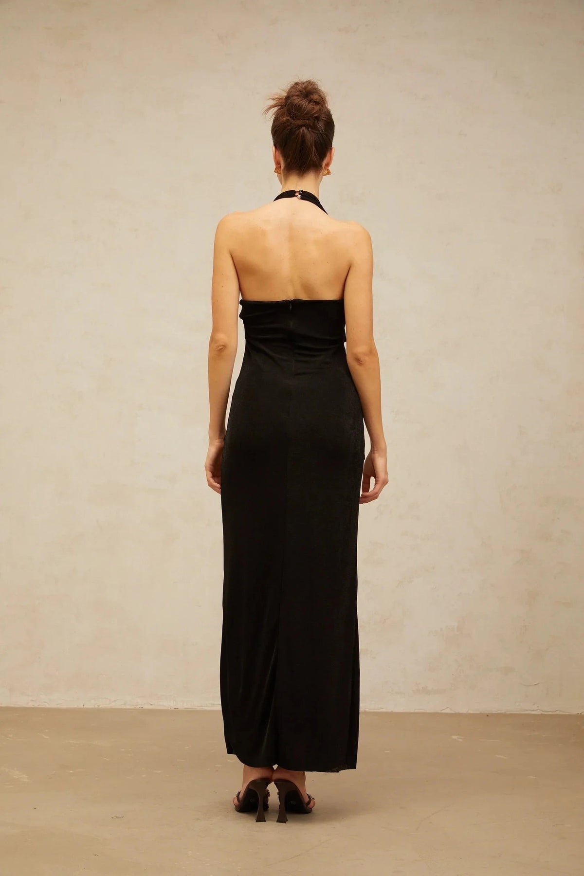 Black Halter Neck Maxi Dress with Gold Embellishments black ruched halterneck maxi dress Evening Dress by YiHuiw
