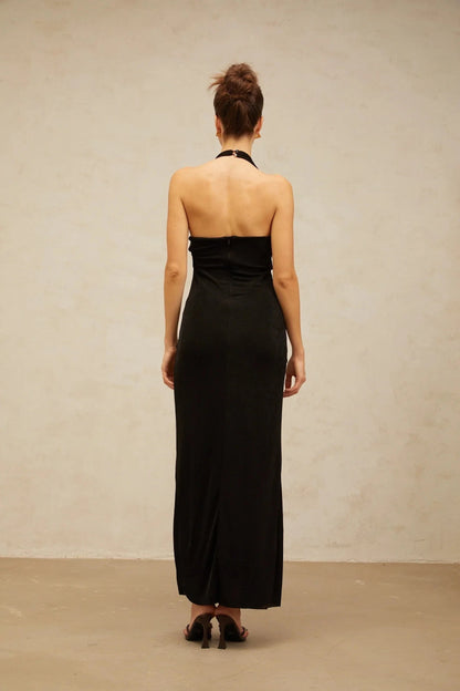 Black Halter Neck Maxi Dress with Gold Embellishments black ruched halterneck maxi dress Evening Dress by YiHuiw