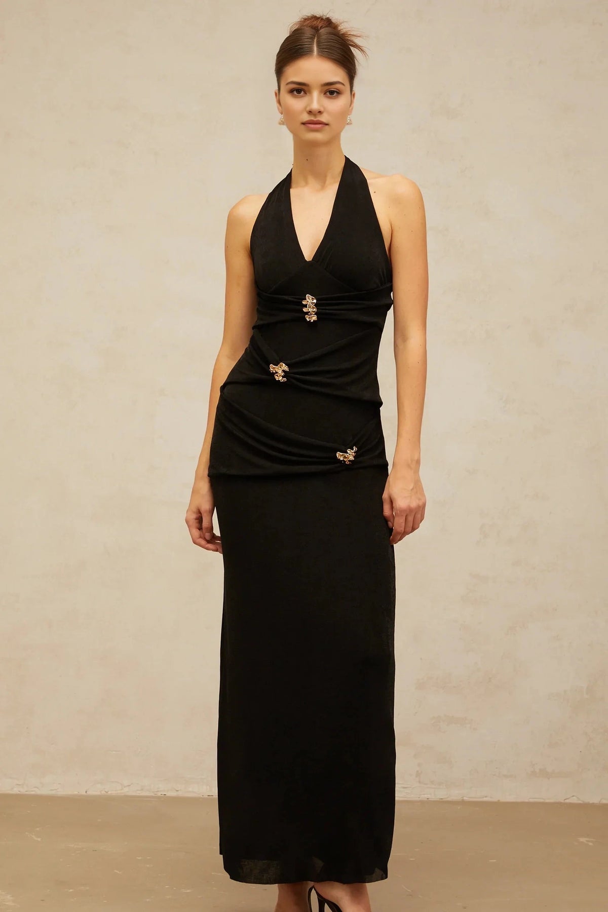 Black Halter Neck Maxi Dress with Gold Embellishments black ruched halterneck maxi dress Evening Dress by YiHuiw