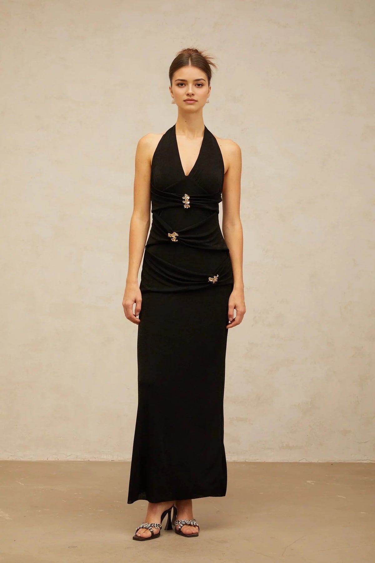 Black Halter Neck Maxi Dress with Gold Embellishments black ruched halterneck maxi dress Evening Dress by YiHuiw